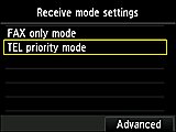 Receive mode settings screen: Select Advanced