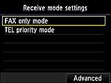 Receive mode settings screen: Select Advanced