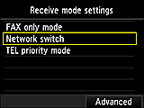 Receive mode settings screen: Select Network switch