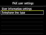 FAX settings screen: Select Telephone line type