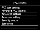 Pantalla Configuración del fax: seleccione Configuración fácil