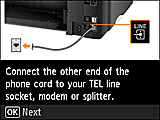 Pantalla Configuración fácil: Conecte el otro extremo del cable telefónico al conector de línea TEL, al módem o al divisor.