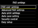 Pantalla Configuración fax: Seleccione Configuración de usuario del FAX