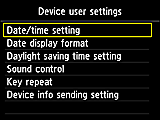 Pantalla Configuración de dispositivo: Seleccione Configuración hora/fecha