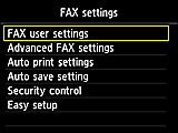 Schermata Impostazioni FAX: Selezionare Impostazioni utente FAX