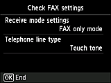 Easy setup screen: Check FAX settings