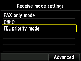 Receive mode settings screen: Select Advanced