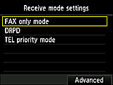 Scherm Instellingen ontvangstmodus: selecteer Geavanceerd
