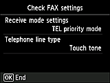 Tela da Configuração fácil: Verificar configurações do FAX