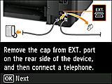Ecranul Configurare simplă: Scoateţi capacul de pe portul EXT. din spatele dispozitivului, apoi conectaţi un telefon.