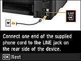 Экран «Простая настройка»: Подсоедините один конец телефонного кабеля из комплекта поставки к разъему для телефонной линии возле отметки «LINE» с задней стороны устройства.