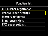 Function list screen: Select Receive mode settings