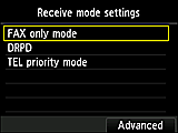Receive mode settings screen: Select Advanced
