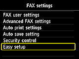 Obrazovka Nastavení faxu: Vyberte možnost Snadné nastavení