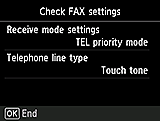 Obrazovka Snadné nastavení: Zkontrolujte nastavení faxu