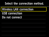 Obrazovka Výběr způsobu připojení: Výběr možnosti Připojení k bezdrátové síti LAN
