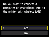 Obrazovka Připojení k bezdrátové síti LAN: Připojení počítače, chytrého telefonu apod. k tiskárně pomocí bezdrátové sítě LAN