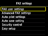 Skærmen Faxindstillinger: Vælg FAX-brugerindstillinger