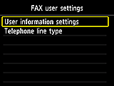Skærmen FAX-brugerindstillinger: Vælg Indstilling for brugeroplysninger
