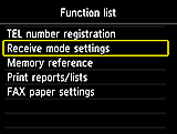 Skærmen Funktionsliste: Vælg Indstillinger for modtagelse