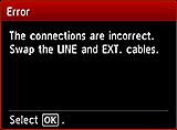 Skærmen Nem opsætning: Tilslutningerne er forkerte. Ombyt kablerne for LINE og EXT.