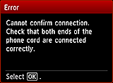 Skærmbilledet Nem opsætning: Forbindelsen kan ikke bekræftes. Kontrollér, at begge ender af telefonledningen er korrekt tilsluttet.