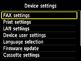 Device settings screen: Select FAX settings
