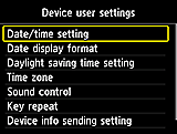 Device user settings screen: Select Date/time setting