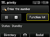 FAX screen: Select Function list
