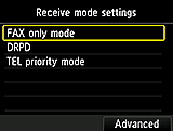 Receive mode settings screen: Select Advanced