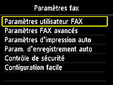 Ecran Paramètres fax : Sélection de Paramètres utilisateur FAX