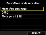 Écran Paramètres mode réception : Sélection de Avancés