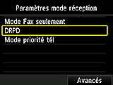 Écran Paramètres mode réception&nbsp;: Sélectionnez DRPD