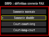 Écran des paramètres de sonnerie fax