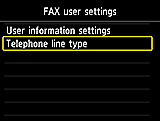 FAX settings screen: Select Telephone line type