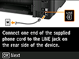 Tela da Configuração fácil: Conecte uma extremidade do cabo de telefone fornecido à tomada LINE na parte traseira do dispositivo.