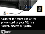 Tela da Configuração fácil: Conecte a outra extremidade do cabo de telefone ao soquete da linha TEL, ao modem ou ao divisor.