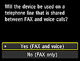 Tela Configuração fácil: Selecione Sim (FAX e voz)