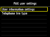 Tela Configurações do usuário de FAX: Selecione Config. Informações do usuário