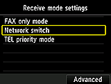 Receive mode settings screen: Select Network switch