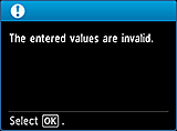 Warning screen: The entered values are invalid.