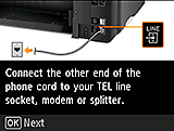 Easy setup screen: Connect the other end of the phone cord to your TEL line socket, modem or splitter.