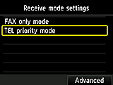 Receive mode settings screen: Select Advanced