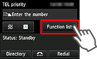 Faxscherm: selecteer Functielijst