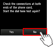 Scherm Handmatige instelling: controleer de aansluitingen aan beide uiteinden van de telefoonkabel.