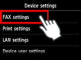 Device settings screen: Select FAX settings