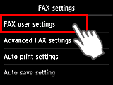 FAX settings screen: Select FAX user settings