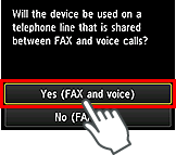 Easy setup screen: Select Yes (FAX and voice)