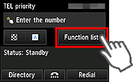 FAX screen: Select Function list