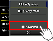 Receive mode settings screen: Select Advanced